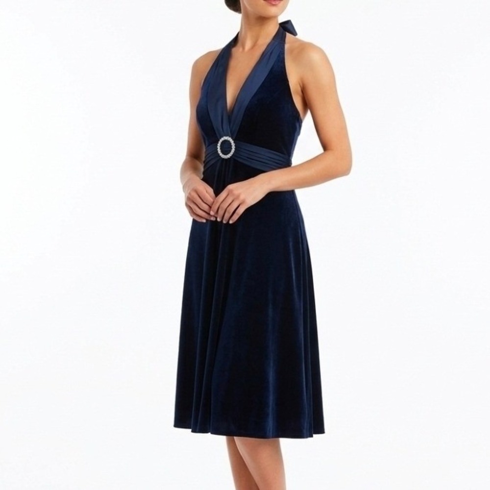 Coldwater Creek Navy Blue Velvet Chiffon Halter Cocktail Dress size 10 NWT